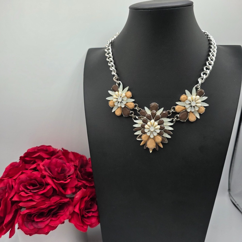 MICHE Flower Statement Necklace Chunky Chain Brown Cream Multi-Stone Fashion